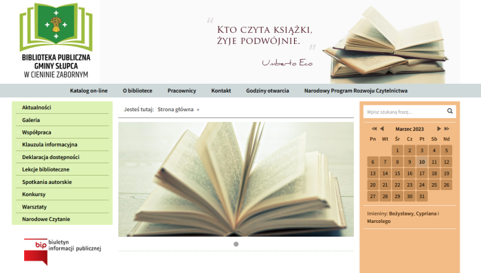 Zrzut ekranu zawierający widok strony internetowej Biblioteki Publicznej Gminy Słupca w Cieninie Zabornym